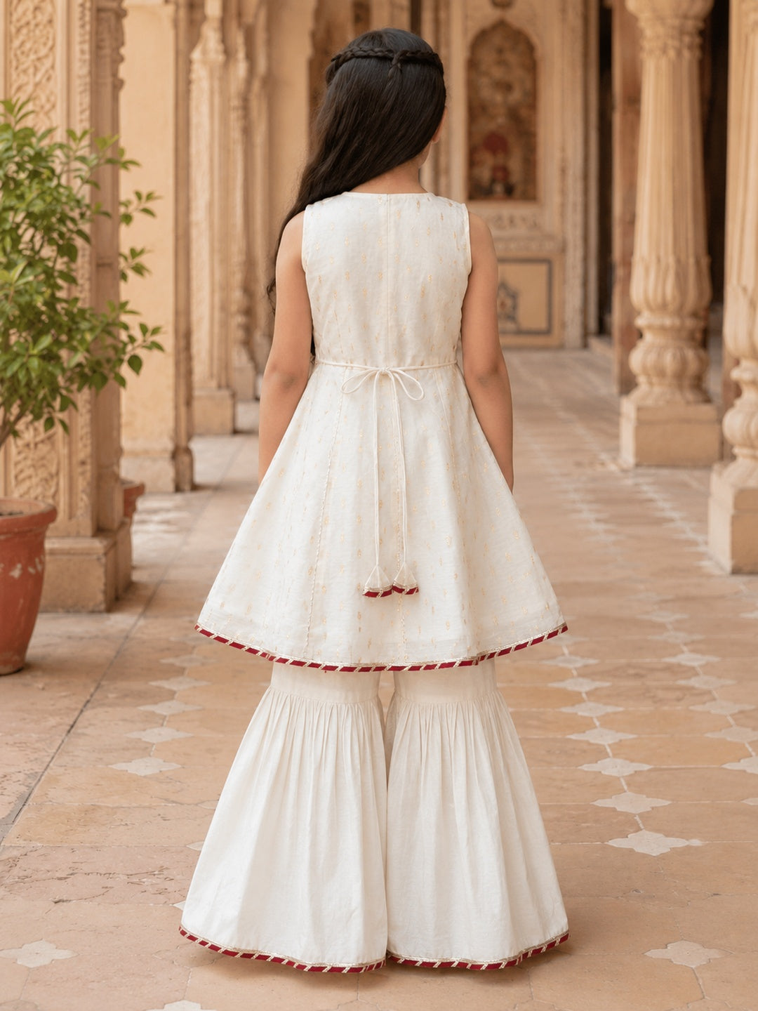 Girls Off White Kurta With Sharara