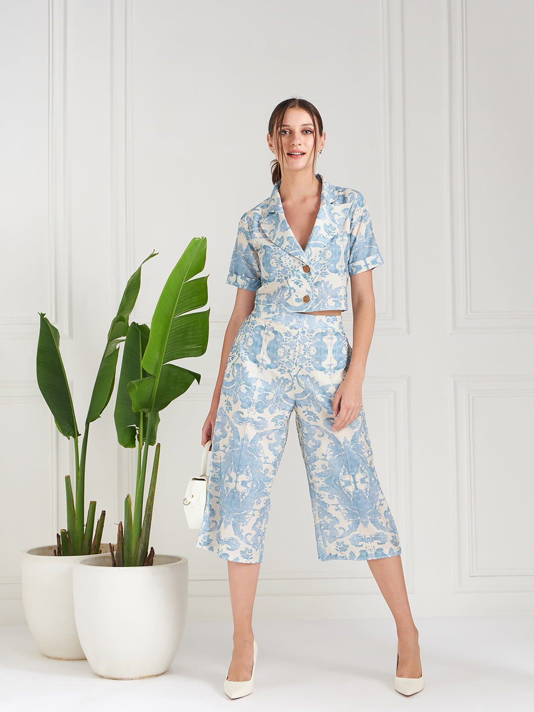Printed Lapel Collar Top With Palazzo Co-Ords
