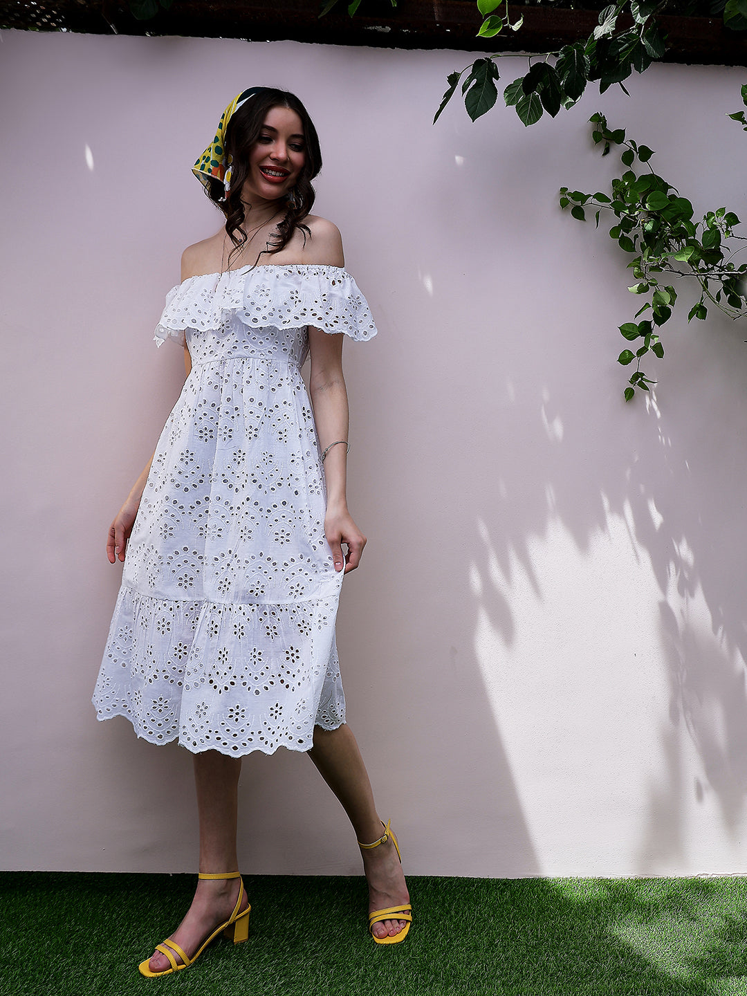 White Self Design Off-Shoulder Schiffli Flutter Sleeves Cotton Fit and Flare Dress