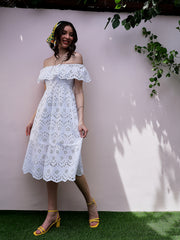 White Self Design Off-Shoulder Schiffli Flutter Sleeves Cotton Fit and Flare Dress
