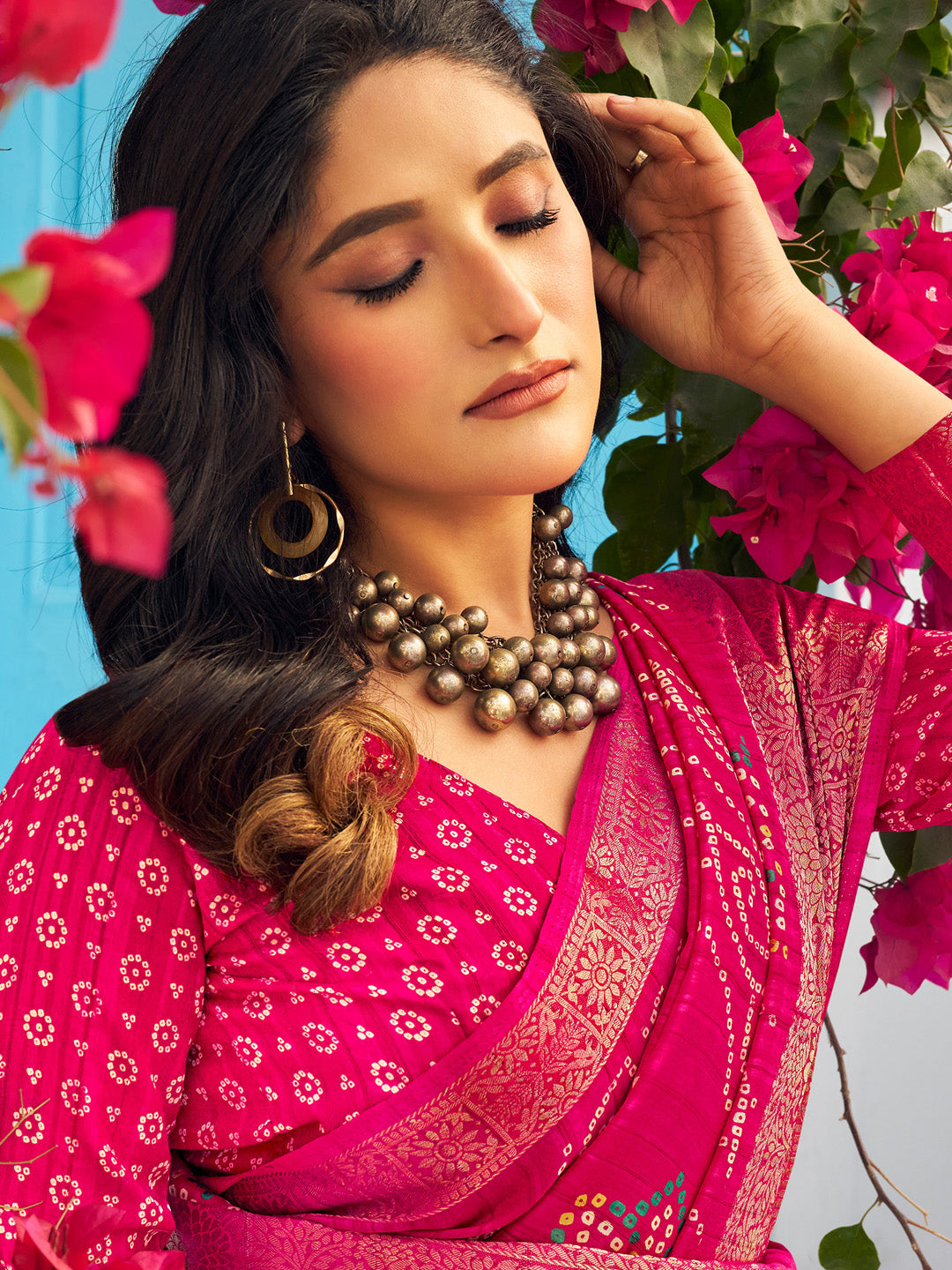 Women's Muga Silk Pink Printed Designer Saree With Blouse Piece