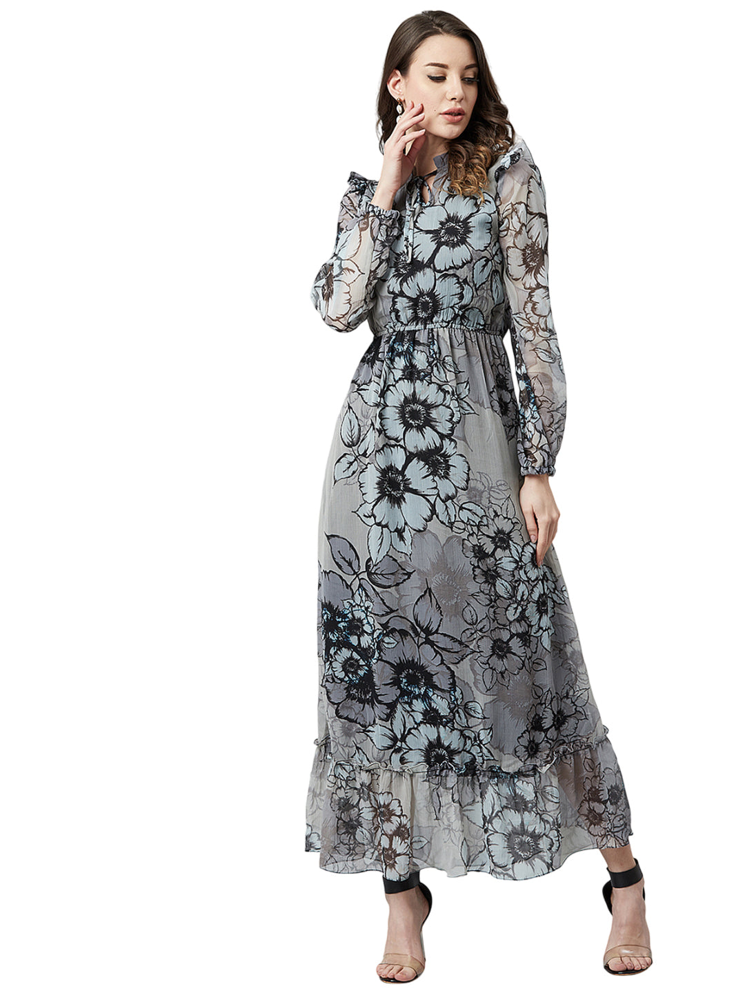 Grey & Black Floral Printed Maxi Dress