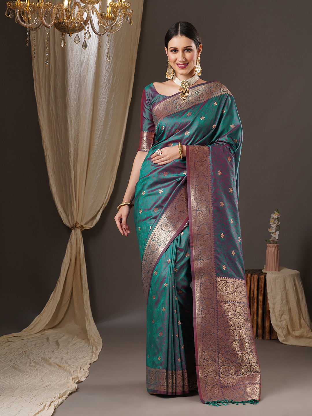 Women's Silk Blend Tealblue WovenDesign DesignerSaree With Blouse Piece
