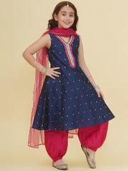 Girls Blue Self Design Kurta with Afgani Salwar with Dupatta