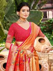 Kanjivaram Silk Saree for Women Yellow Wedding Wear with Red Blouse Rich Zari Woven Design Saree