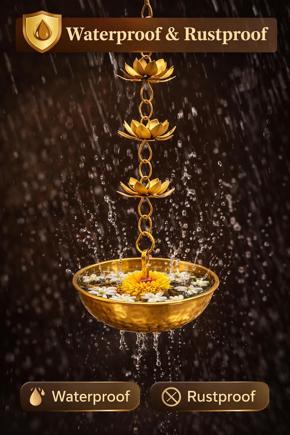 Metal Hanging Urli/Uruli Bowl (8 inch) with Chain, Petal Design, for Floating Flowers & Tealights, Entrance/Main Door & Mandir Pooja Décor
