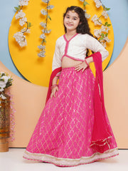 Girls Off white Choli, Pink Foil Printed Lace work Lehenga with Dupatta