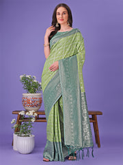 Vibrant Yellow & Blue Lichi Silk Saree with Rich Woven Border and Contrast Blouse – Festive & Wedding Wear