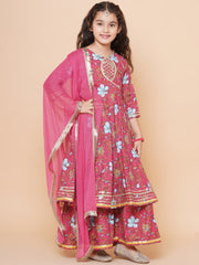 cotton Woven Three-Quarter Sleeves Floral Print Flared Kurta And Sharara With Dupatta Set - Pink