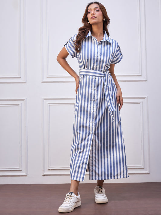 StyleStone Women's Blue Stripe Cotton Maxi Dress
