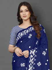 Women's Dola Silk Blue Printed DesignerSaree With Blouse Piece