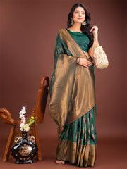 Teal Blue Linen Cotton Saree with Golden Zari Leaf Woven Design & Rich Pallu – Festive Wear | Office Look | Soft Drape
