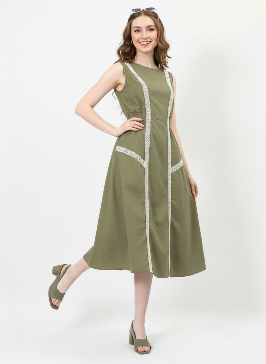 Olive Pure Cotton Smocked Lace Dress-ADR-19732