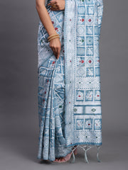 Sky Blue Linen Cotton Saree with Multicolor Elephant & Temple Motifs – Traditional Woven Pallu & Tassels