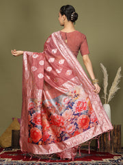 Green Floral Linen Cotton Saree with Zari Border & Digital Printed Pallu – Elegant Sari for Festive Occasions