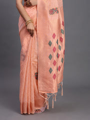 Elegant Linen Cotton Saree with Woven Pallu, Big Butta Work & Tassels - Office & Festive Wear