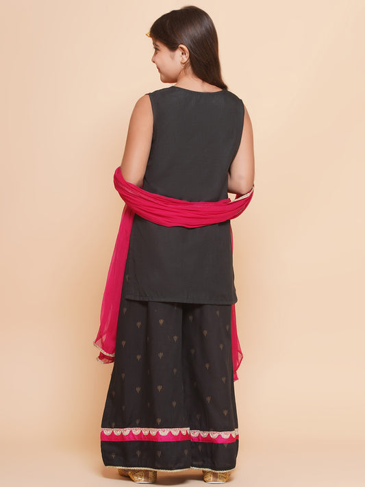 Girls Black Cotton Embroidered Kurta with Palazzos set & Dupatta