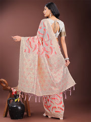 Elegant Beige & Coral Linen Saree with Zari Border and Abstract Pattern – Premium Festive & Office Wear