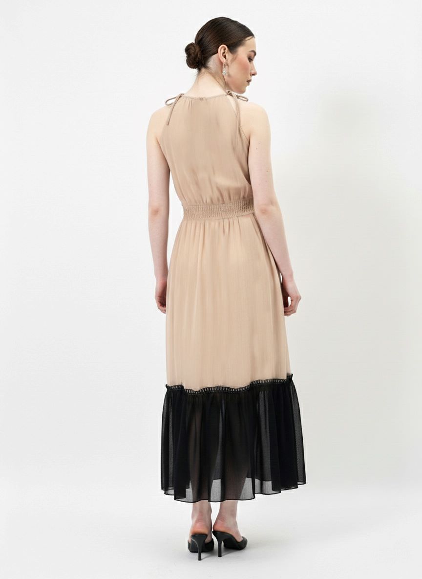 Colourblocked Halter Neck Chiffon A-Line Midi Dress-ADR-19827A