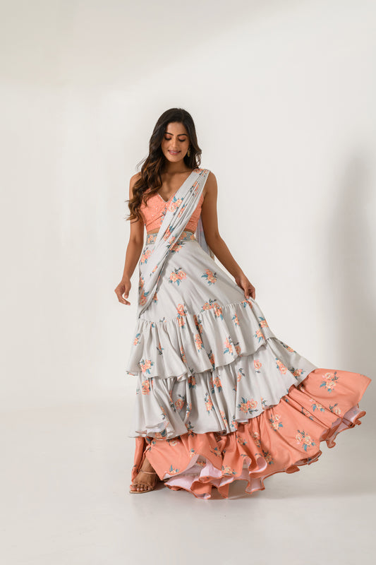 Scarlet Orange Bralette & Pista Green Ruffle Saree