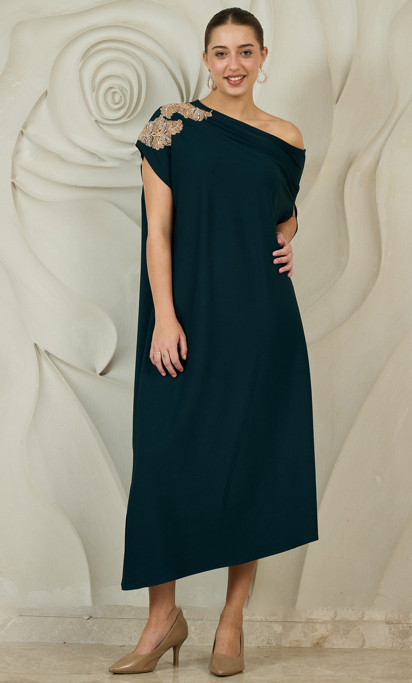 Embellished One-Shoulder Kaftan Maxi Dress