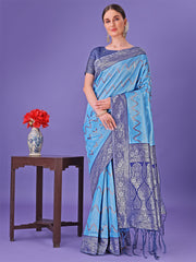 Cream & Green Lichi Silk Saree with Rich Woven Border and Zigzag Pattern – Wedding & Festive Wear