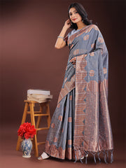 Teal Blue Linen Cotton Saree with Woven Geometric Zari Motifs – Elegant Festive Wear for Women