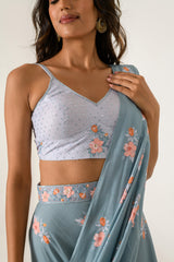 Aqua Blue & Slate Grey Ruffle Saree