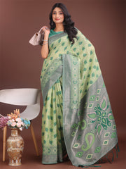 Stylish Green Linen Cotton Saree with Woven Design – Lightweight Elegance for Everyday Grace