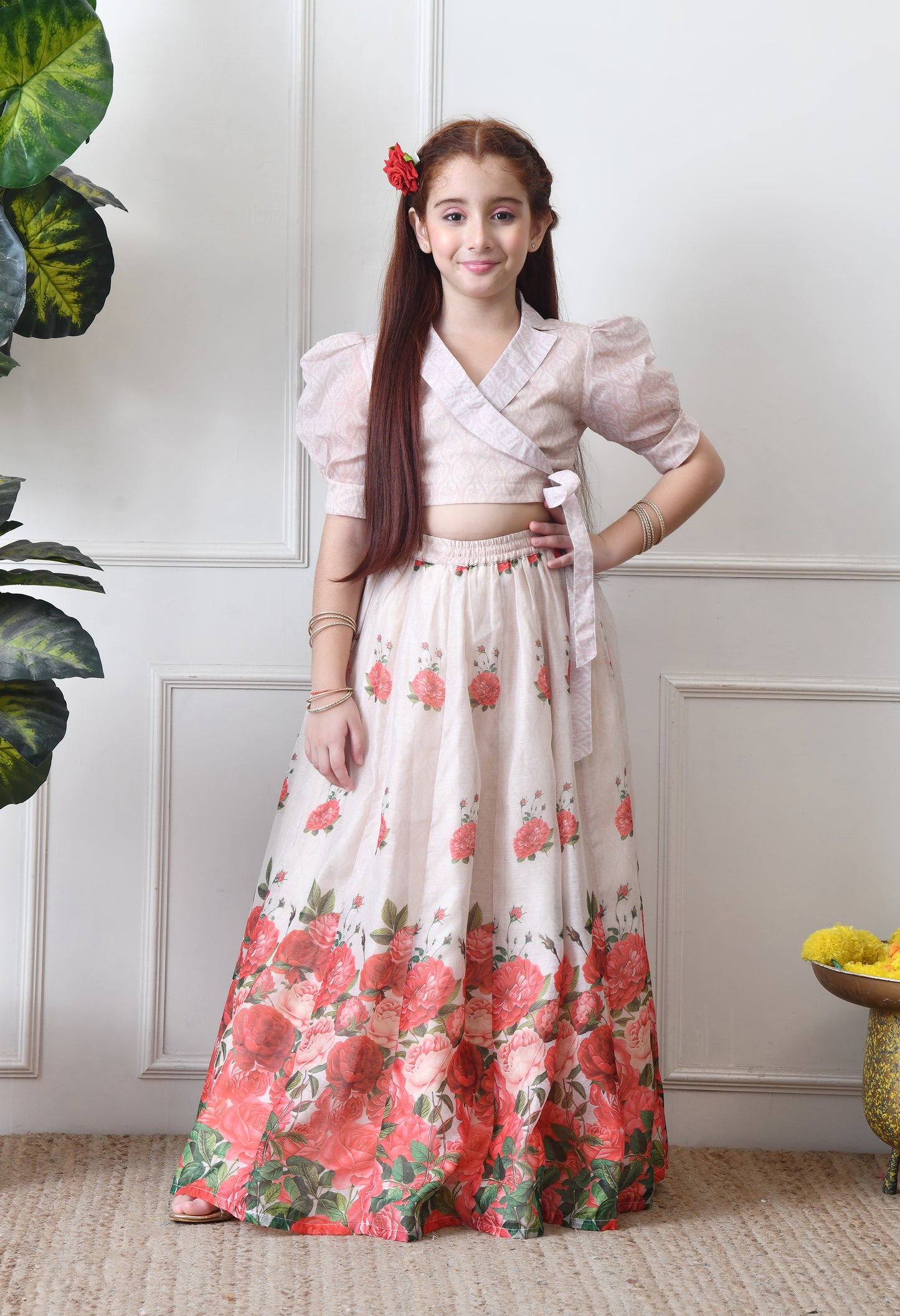 Girls Floral Printed Lehenga Choli Set Cream Wrap Top with Rose Print Skirt