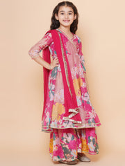 Silk blend Woven Three-Quarter Sleeves Floral Print Flared Kurta And Sharara With Dupatta Set - Pink