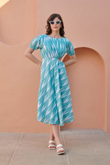 Turquoise Ikat Side Cut Cotton Dress