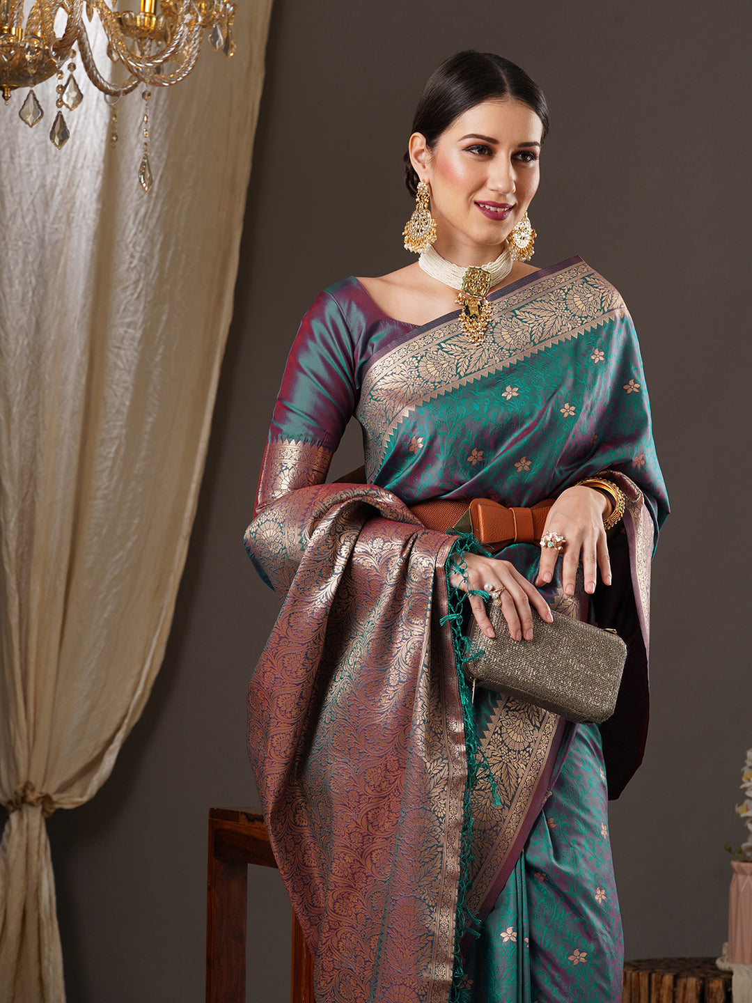 Women's Silk Blend Tealblue WovenDesign DesignerSaree With Blouse Piece