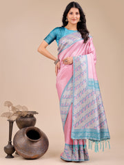 Radiant Sky Blue Silk Saree with Pink & Blue Floral Pattern – Perfect for Weddings & Festive Glamour