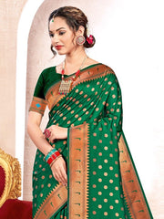 Pink Kanjivaram Silk Saree with Golden Zari and Colorful Peacock Woven Pallu Design