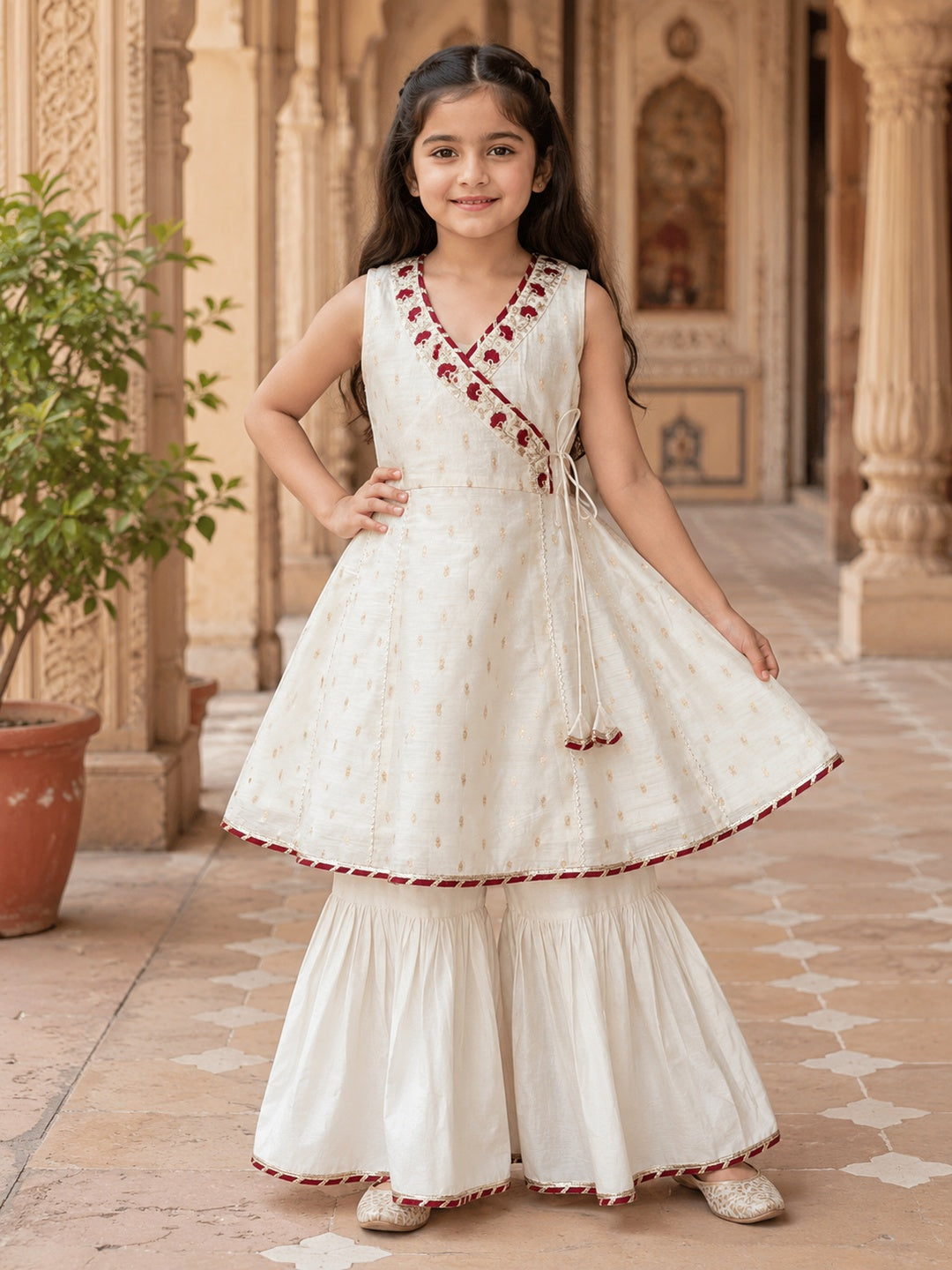 Girls Off White Kurta With Sharara