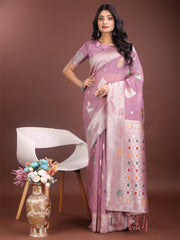 Elegant Olive Green Linen Cotton Saree with Zari Border & Woven Motifs – Perfect for Sophisticated Everyday & Festive Looks