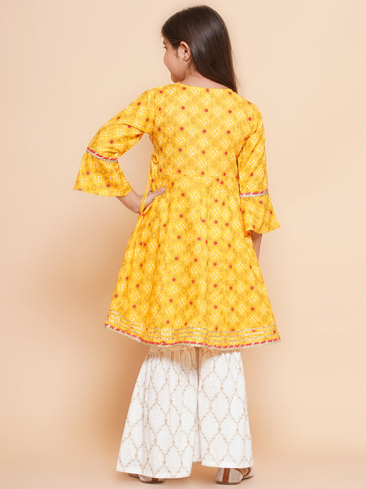Girls Yellow Ethnic Motifs Printed Angrakha Kurta with Sharara