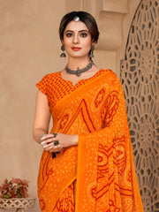 Women's Chiffon Orange Printed DesignerSaree With Blouse Piece