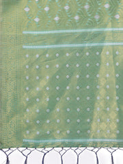Elegant Light Green Linen Saree with Silver Zari Butta & Pallu – Daily Wear | Festive Look | Soft Feel