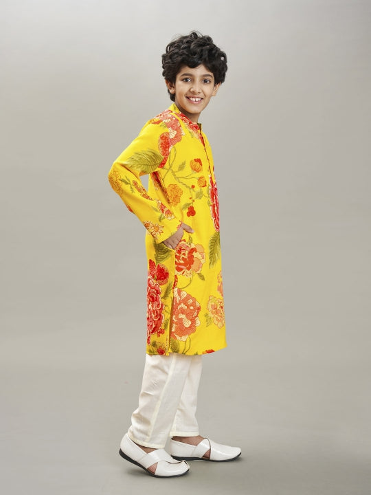 Boys yellow & red floral printed kurta with a off white pajama