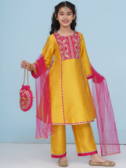 Solid Three-Fourth Sleeves Above Knee Length Silk Kurta & Trousers With Dupatta - Yellow