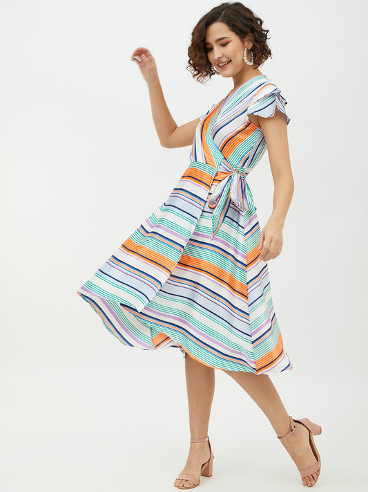 StyleStone Women's Polyester Satin Striped Wrap Dress