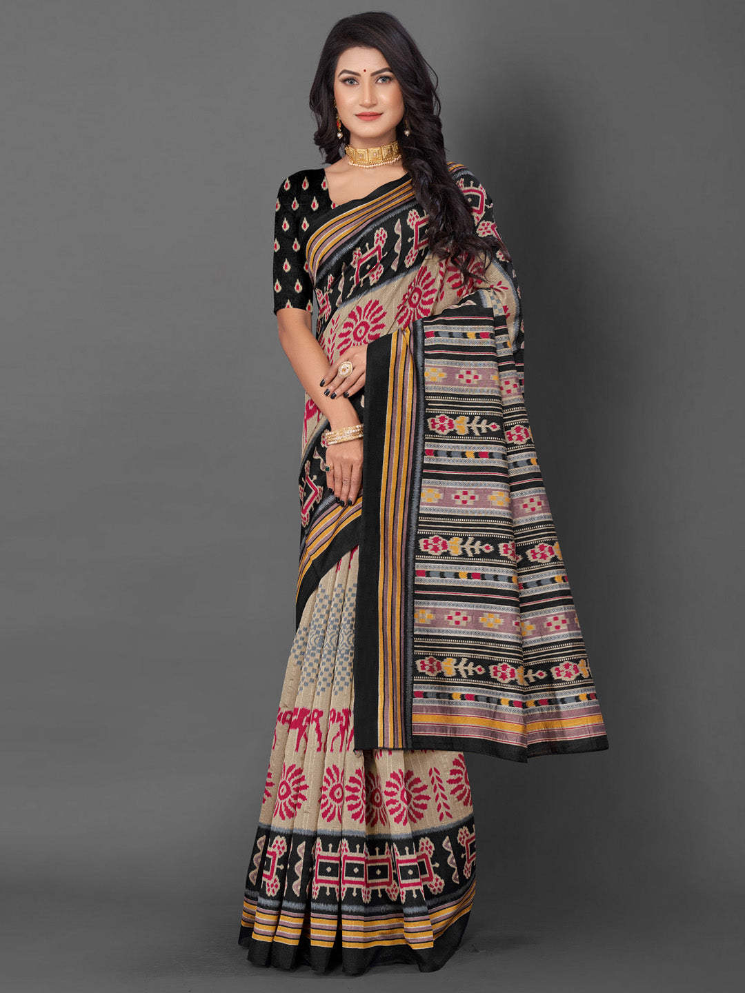 Women's Bhagalpuri Silk Beige Printed Designer Saree With Blouse Piece