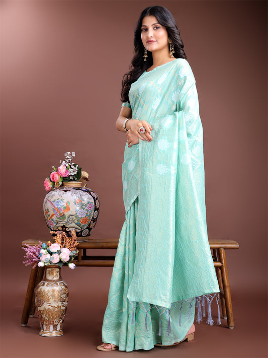 Elegant Sea Green Cotton Saree for Women – Soft Lightweight Saree with Zari Woven Butta & Tassel Border
