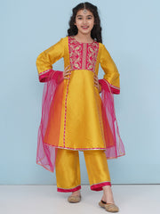 Solid Three-Fourth Sleeves Above Knee Length Silk Kurta & Trousers With Dupatta - Yellow