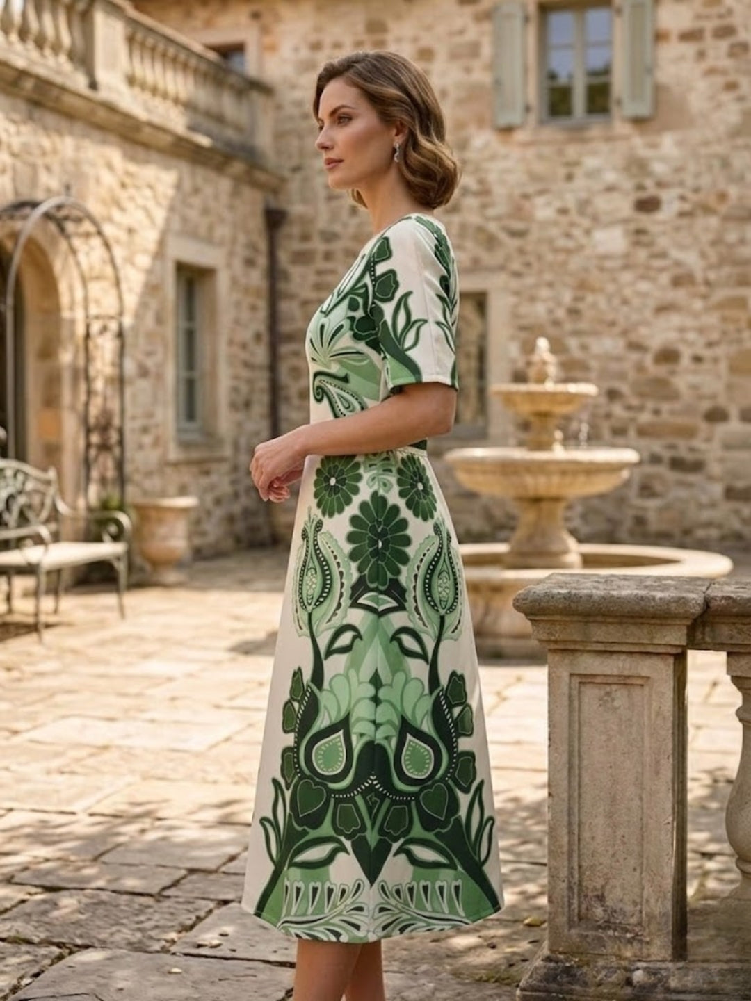 Green & Beige Linen Midi Dress-ADR-19767