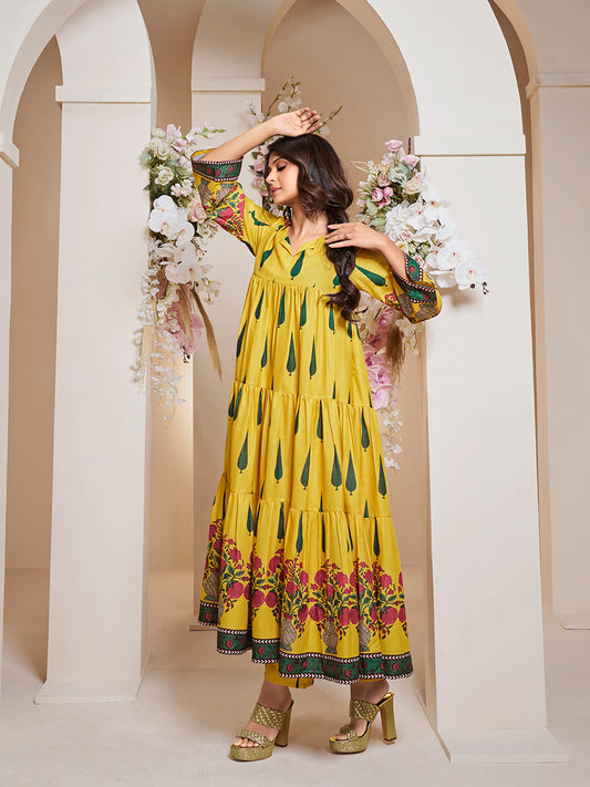 Yellow Leaf Floral Printed Anarkali Flared Kurta with Palazzos Dupatta.