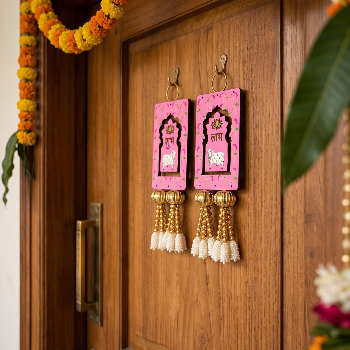 Shubh Labh Door Hanging, MDF Wood, Pink, 6.5Inch Pink 