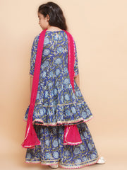 cotton Woven Three-Quarter Sleeves Floral Print Flared Kurta And Sharara With Dupatta Set - Blue